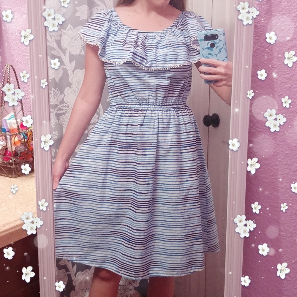 FADED GLORY Size S 4-6 Blue Stripped Watercolor Off The Shoulder PomPom Dress
